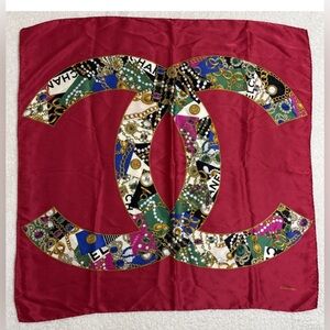 Chanel Silk Scarf Red with Coco Mark and Flowers White